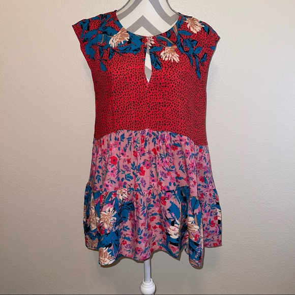 Mystree Red Turquoise Cheetah Floral Mixed Pattern Babydoll Rayon Keyhole Blouse - Picture 3 of 13